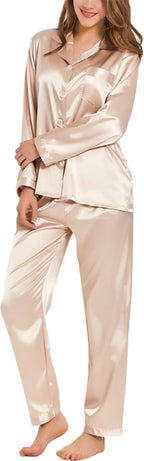 SWOMOG Long Sleeve Pajamas Set Silk Satin Sleepwear Button Down Pjs Loungewear with Pocket