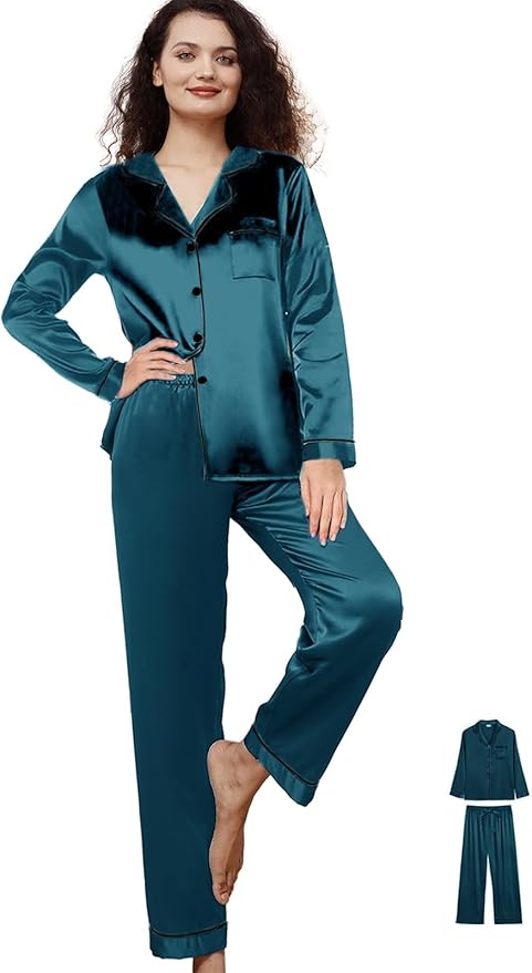 WJing Yi Jia 3Pcs Satin Pajama Sets For Women XS-3XL Womens Silk Pajamas Set Silky Sleepwear Nigtwear Loungewear Long Pj Set