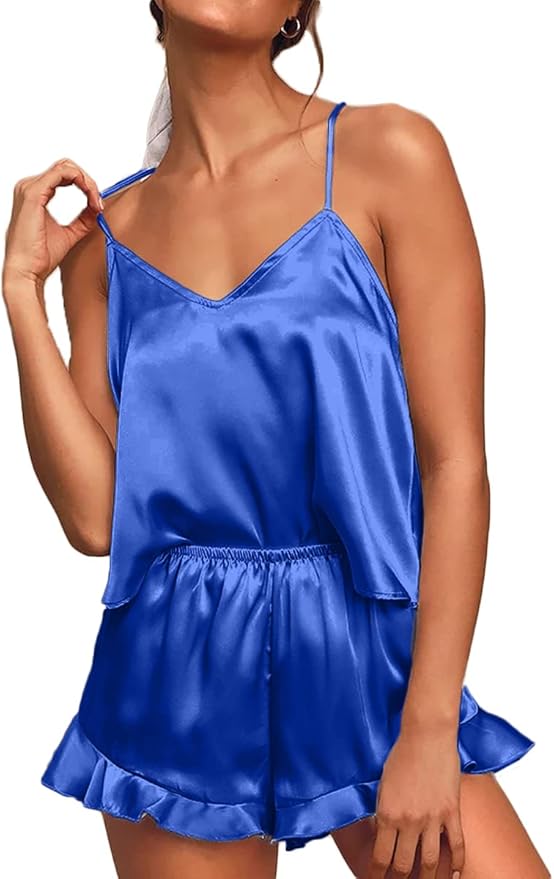 CHYRII Women's Sexy Silk Satin Ruffled Pajamas Sets Cami Shorts Sets Sleepwear