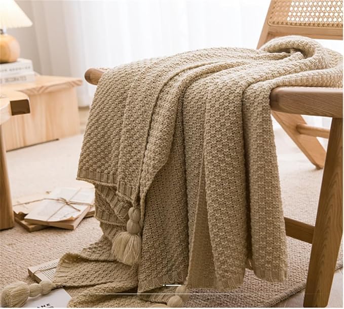 Chunky Cable Knitted Throw Blanket for Couch, Sofa and Bed, 43.3X60IN Lightweight Rustic Decorative Cozy Farmhouse Throw Blankets for Women and Man (Beige)