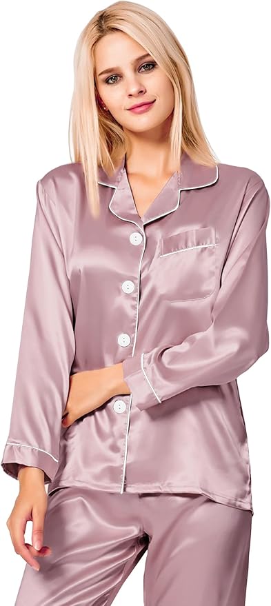 SWOMOG Womens Silk Satin Pajamas Set Long Sleeve Button Down Sleepwear 2 Piece Lounge Set Pj Set XS-3XL