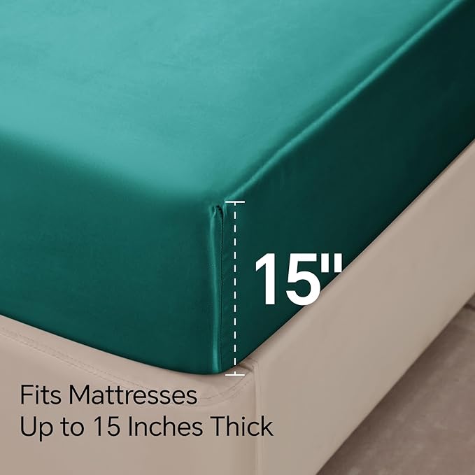 BEDELITE Satin Sheets Full Size Bed Set, Luxury Soft Teal Silky Sheet for Hair and Skin, Similar to Silk Bed Sheets Set 4 Pieces with 1 Deep Pocket Fitted Sheet, 1 Flat Sheet, and 2 Pillowcases