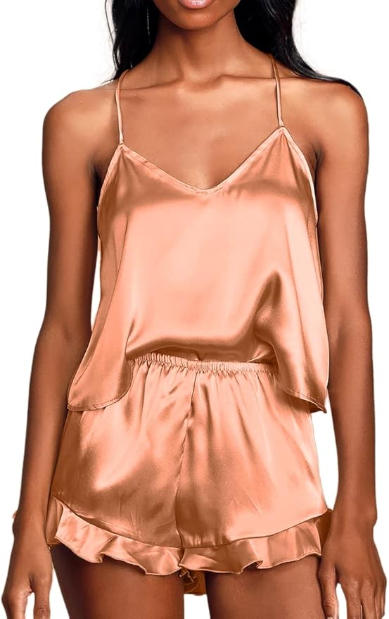 CHYRII Women's Sexy Silk Satin Ruffled Pajamas Sets Cami Shorts Sets Sleepwear