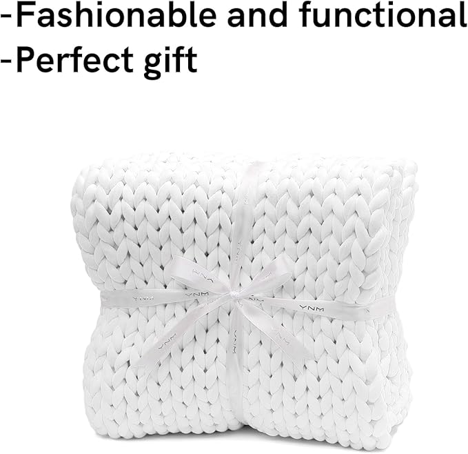 YnM Velvet Weighted Blanket, Handmade Chunky Knitted Design, Soft and Cozy, Temperature Regulating and Breathable, Machine Washable Throw for Sleep or Home Decor (White, 60x80 Inch, 20lbs)