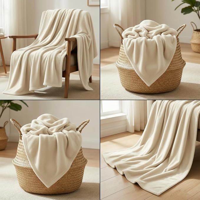 Fleece Blanket Full/Queen - 80x90 Inch Lightweight & Buttery-Soft Throw for Bed, Sofa, Camping | 300GSM Cloud-Touch Microfiber | Cozy Essentials for Travel & Movie Nights, (Cream)