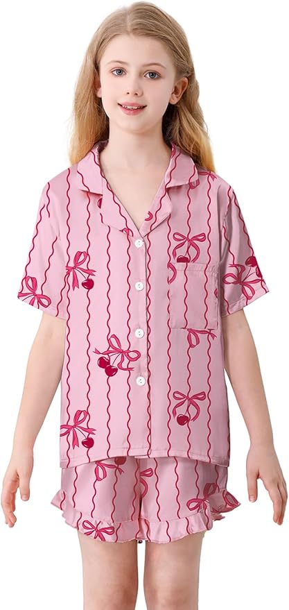Umeyda Girls & Women Satin Pajamas Set Button Down 2 Piece Silk Pjs Shorts Set Ruffle Sleepwear, 5 Years-Women L