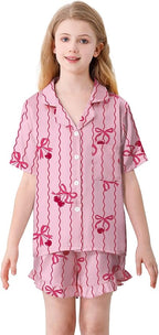 Umeyda Girls & Women Satin Pajamas Set Button Down 2 Piece Silk Pjs Shorts Set Ruffle Sleepwear, 5 Years-Women L