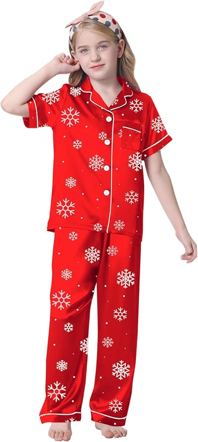 Umeyda Girls Womens Pajamas Set, Satin Silky Button Down Loungewear 2 Piece Short Sleeve Pants PJS Sets for Mommy Kids