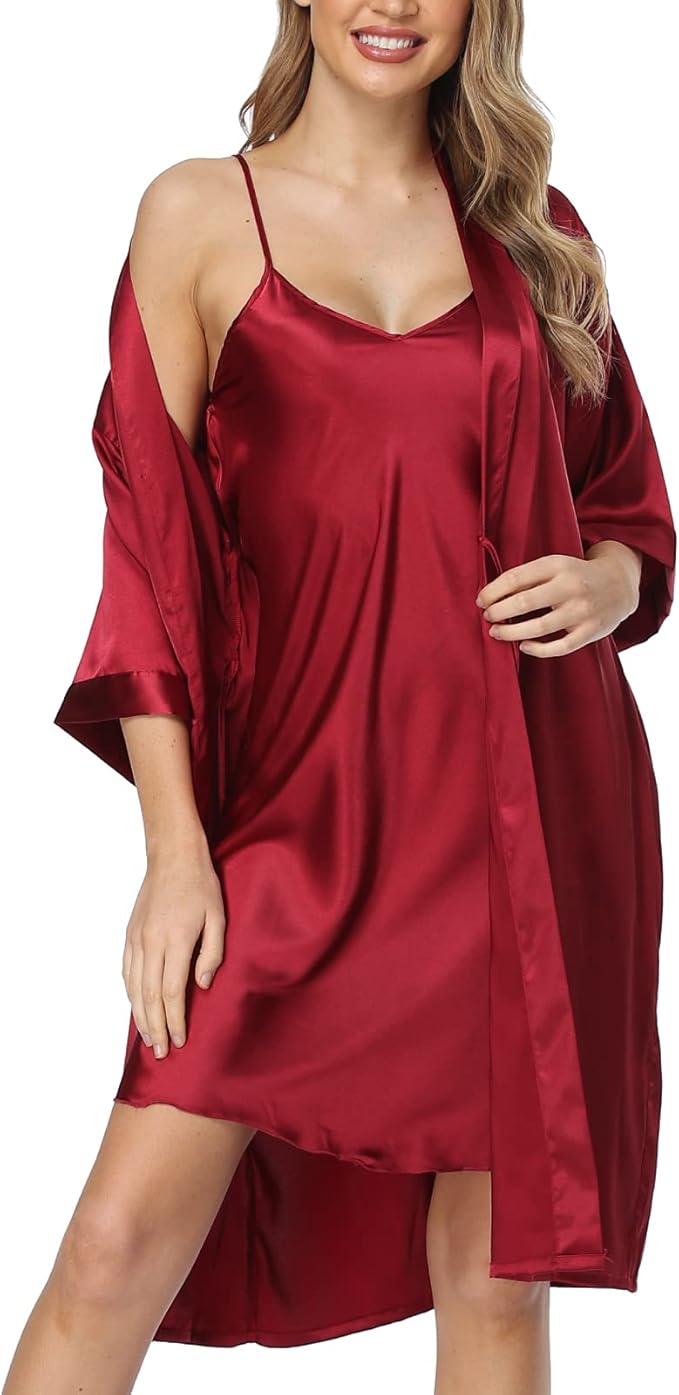 Women's Satin Robe Sets 2 Piece Nightgown Silk Pajama Sexy Floral Lingerie Lace Cami Sleepwear Night Robes