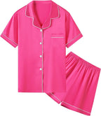 Umeyda Women & Girls Pajamas Set, Soft Satin Lightweight Silk Button-Down Top with Shorts 2 Piece PJS for Mom Boys Kids Gifts