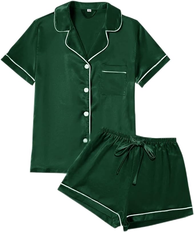 WJing Yi Jia 4Pcs Womens Satin Silky Pajama Sets Short Sleeve Shirt XS-4XL Floral Pajamas Set Soft PJ Loungewear Sleepwear
