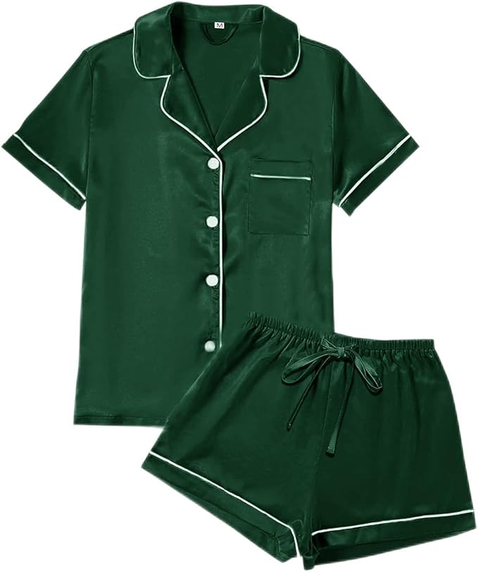 WJing Yi Jia 4Pcs Womens Satin Silky Pajama Sets Short Sleeve Shirt XS-4XL Floral Pajamas Set Soft PJ Loungewear Sleepwear