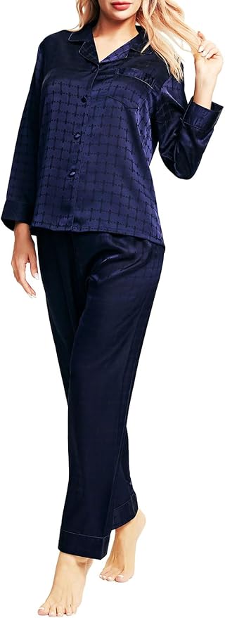 SIHA Satin Silk Pajamas for Women Pajama Set With Long Sleeve Button-Down Satin Pajamas Sleepwear XS-3XL