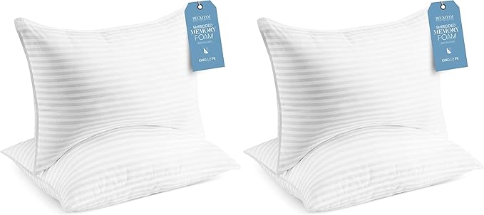 Beckham Hotel Collection King Size Memory Foam (Adjustable Fill) Bed Pillows Set of 2 - Cooling Shredded Foam Pillow for Back, Stomach or Side Sleepers (Pack of 2)