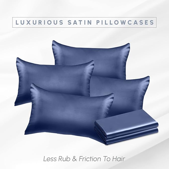 Elegant Comfort 6-Pack Cooling Viscose Satin Pillowcase Set with Hidden Zipper Closure, Silky Smooth for Hair and Skin Care-Beautiful Gift Box-6-Piece Satin Pillowcase Set, Standard/Queen, Navy Blue