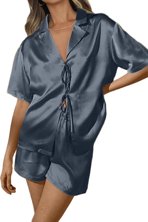 CHYRII Women's Silk Satin Pajamas Sets Tie Front Short Sleeve Tops and Shorts Two Piece Pj Sets Sleepwear