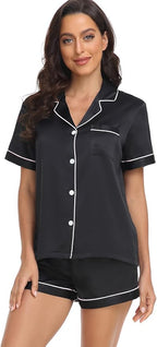 Serenedelicacy Women's Satin Pajama Set 2-Piece Sleepwear Loungewear Button Down Short Sleeve Silky PJ Set