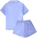 LYANER Women's Silky Satin Pajamas Set Short Sleeve Button Down Shirt With Shorts Pjs Set Sleepwear