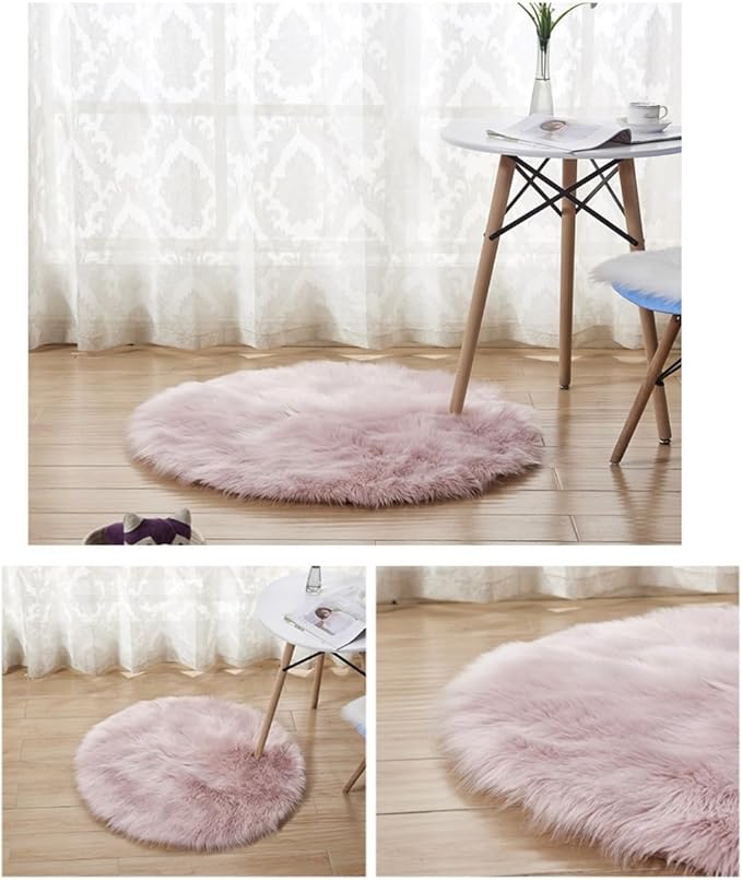 Faux Fur Round Area Rug Soft Fuzzy Carpet Fluffy Plush Mat Home Floor Decoration for Bedroom Living Room Bedside Pink 23.6inch