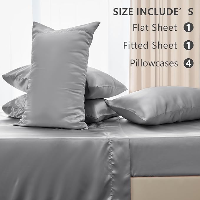 CozyLux Satin Sheets Queen Size Bed Set - 6 Piece Silky Queen Sheet Set, Luxury Light Grey Queen Sheets with Smooth and Soft Microfiber, Includes 1 Fitted Sheet, 1 Flat Sheet and 4 Pillowcases