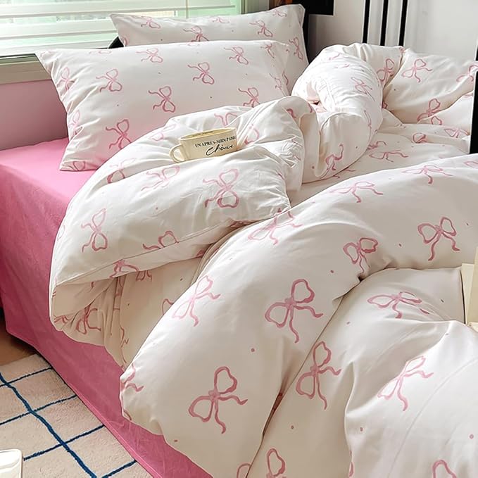 Nayoroom Pink Bow Duvet Cover Queen Size Polka Dot Bowknot Coquette Duvet Cover 3 Pieces Soft Lightweight Microfiber Girls Cute Aesthetic Dorm Bedding Set