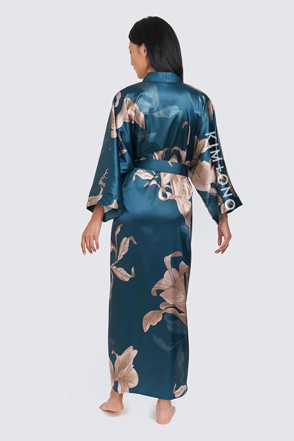 KIM+ONO Plus Size Luxury Kimono Robe for Women | Long Satin Floral Robe | Original Design | Removable Waist Tie Closure