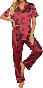 Ekouaer Silk Satin Pajamas Set Women Short Sleeve Sleepwear Soft Button Down Loungewear Pjs Set