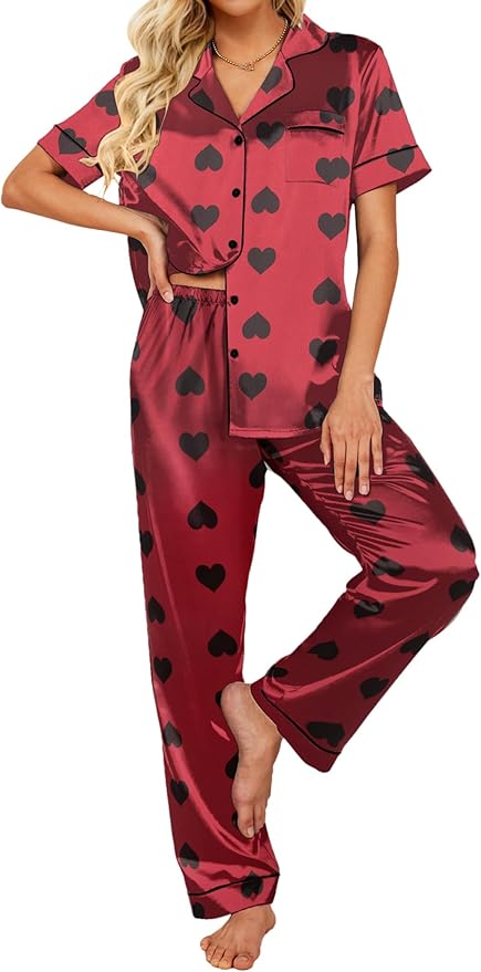 Ekouaer Silk Satin Pajamas Set Women Short Sleeve Sleepwear Soft Button Down Loungewear Pjs Set