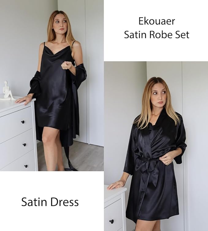 Ekouaer Women's Satin Robe Set Nightgown with Robes Silk Pajama Set 2 Pieces Lingerie Cowl Neck Cami Sleepwear Sets