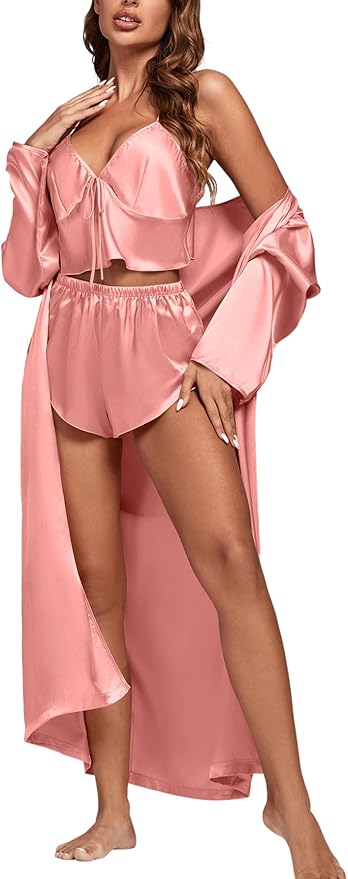 OPOIPIN Women's 3 Piece Pajama Set Sexy Cami Top and Shorts with Robe Sleepwear Loungewear Set