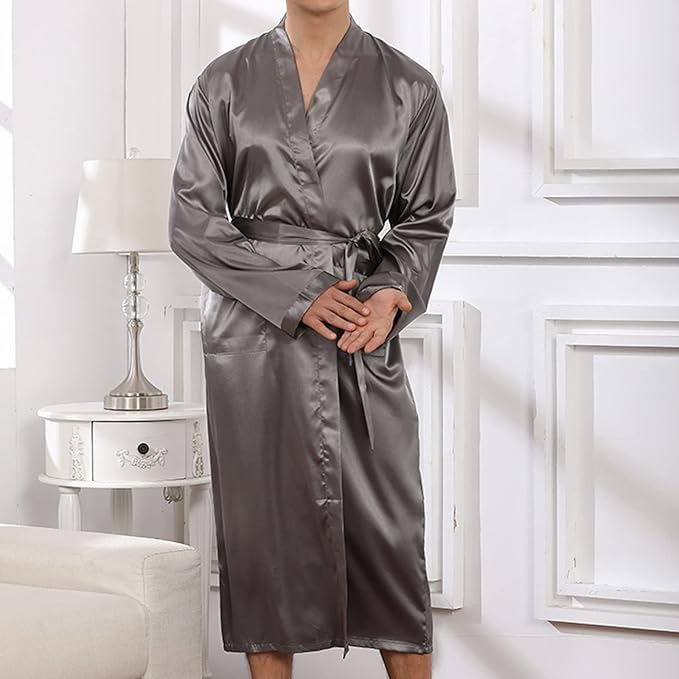 Men's Satin Robe Silky Bathrobe Soft Comfy Casual Bathrobe Fashion Comfy Solid Color Long Loungewear with Pocket