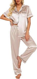 Ekouaer Silk Satin Pajamas Set Women Short Sleeve Sleepwear Soft Button Down Loungewear Pjs Set
