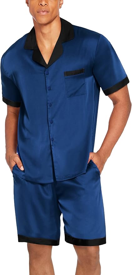 Ekouaer Men Satin Silk Pajamas Set with Pockets Sleepwear Shorts Satin Summer Loungewear 2 Piece Button Down Set S-3XL