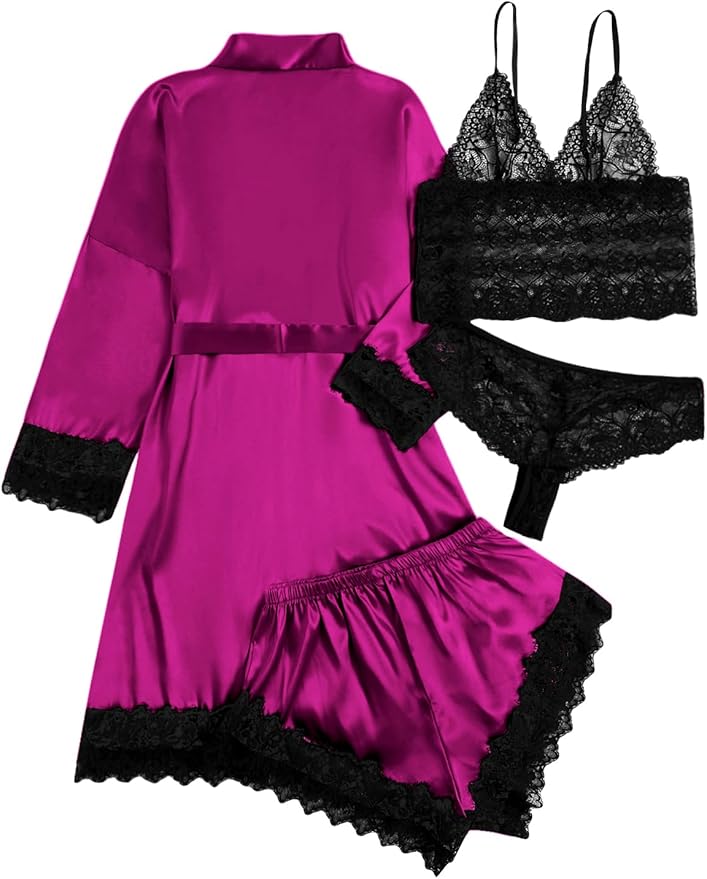 WDIRARA Women' Silk Satin Pajamas Set 4pcs Lingerie Floral Lace Cami Sleepwear with Robe