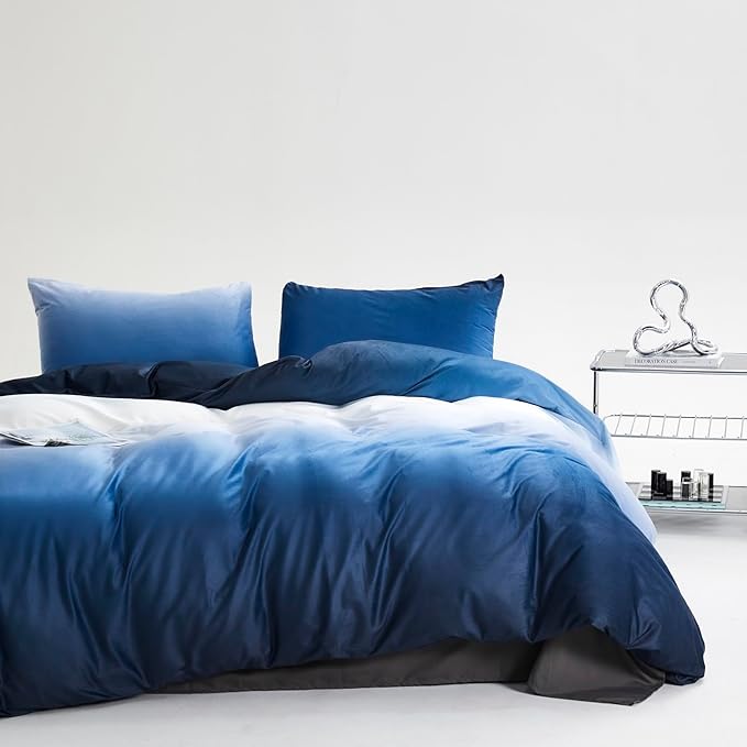 Luxlovery Blue Gradient Velvet Comforter Queen Fluffy Plush Flannel Bedding Set Queen Size Men Women Army Blue White Sherpa Micromink Blanket Quilts Warm Winter Warm Abstract Comforter Set