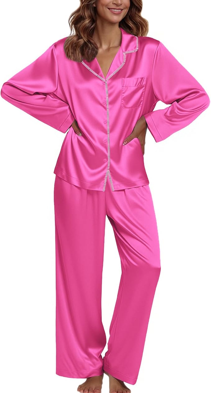 Ekouaer Pajamas For Women Set Silk Pjs 2 Piece Satin Sleepwear Long Sleeve Button Down Lounge Sets With Pant