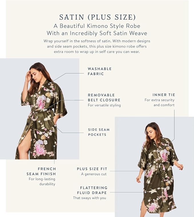 KIM+ONO Plus Size Luxury Kimono Robe for Women | Long Satin Floral Robe | Original Design | Removable Waist Tie Closure