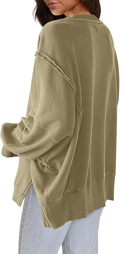Nirovien Womens Oversized Crewneck Sweatshirt Side Slit Long Sleeve Pullover Slouchy Fit Tops