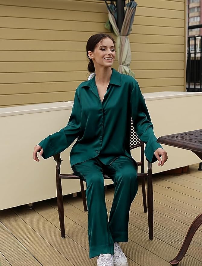 SWOMOG Long Sleeve Pajamas Set Silk Satin Sleepwear Button Down Pjs Loungewear with Pocket