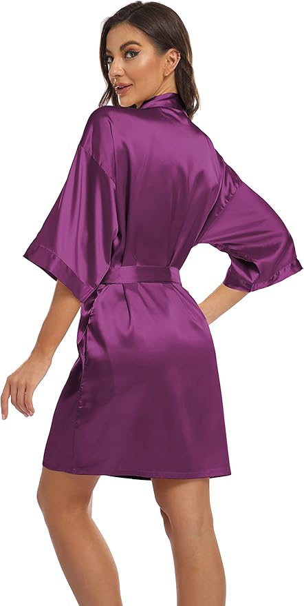 Women's Pure Short Kimono Robes Bride Bridesmaids Silky Bathrobe Lightweight Satin Sleepwear