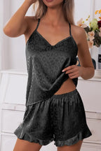 CHYRII Women's Sexy Silk Satin Ruffled Pajamas Sets Cami Shorts Sets Sleepwear