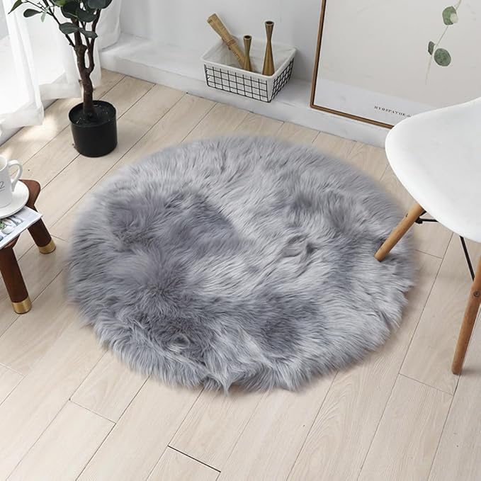 Faux Fur Round Area Rug Soft Fuzzy Carpet Fluffy Plush Mat Home Floor Decoration for Bedroom Living Room Bedside Grey 47.2inch