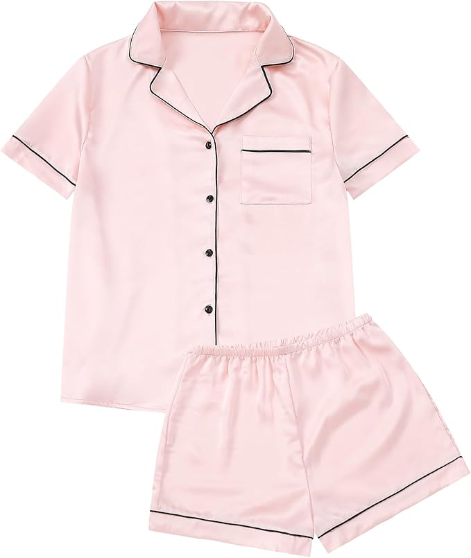 Silk Pajamas for Women Satin Womens PJ Set 2 Piece Short Lounge Set Summer Sleepwear Notch Collar Button-Down Pjs