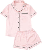 Silk Pajamas for Women Satin Womens PJ Set 2 Piece Short Lounge Set Summer Sleepwear Notch Collar Button-Down Pjs