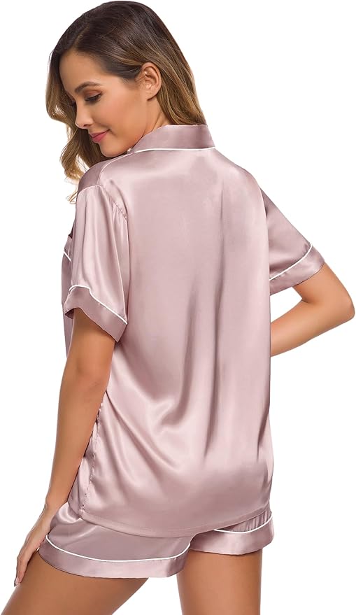 SWOMOG Womens Silk Satin Pajamas Set Short Sleeve Sleepwear Button Down Top and Shorts Loungewear 2 Piece Pjs Set XS-3XL