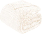 Exclusivo Mezcla Fleece Twin Size Blanket for Bed, 90x66 Inches Soft Cozy Jacquard Flannel Blankets, Lightweight Fuzzy Plush Warm for Women, Off White