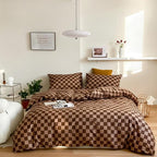 CLOTHKNOW Brown Plaid Comforter Sets Twin/Twin XL 3Pcs Grid Bedding Comforter Sets Dark Brown Checker Comforter Checkered Bedding Sets
