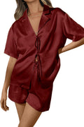 CHYRII Women's Silk Satin Pajamas Sets Tie Front Short Sleeve Tops and Shorts Two Piece Pj Sets Sleepwear