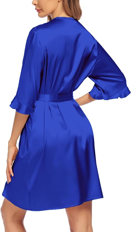 Ekouaer Women's Satin Robe Valentines Lingerie for Women Kimono Bathrobe Short Ruffle Belted Robes Bridesmaids Sleepwear