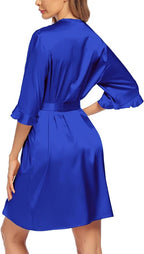 Ekouaer Women's Satin Robe Valentines Lingerie for Women Kimono Bathrobe Short Ruffle Belted Robes Bridesmaids Sleepwear